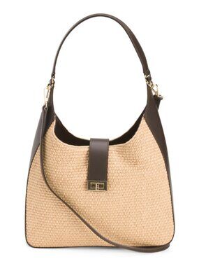 VIOLA CASTELLANI Made In Italy Straw Hobo Bag With Leather Trim